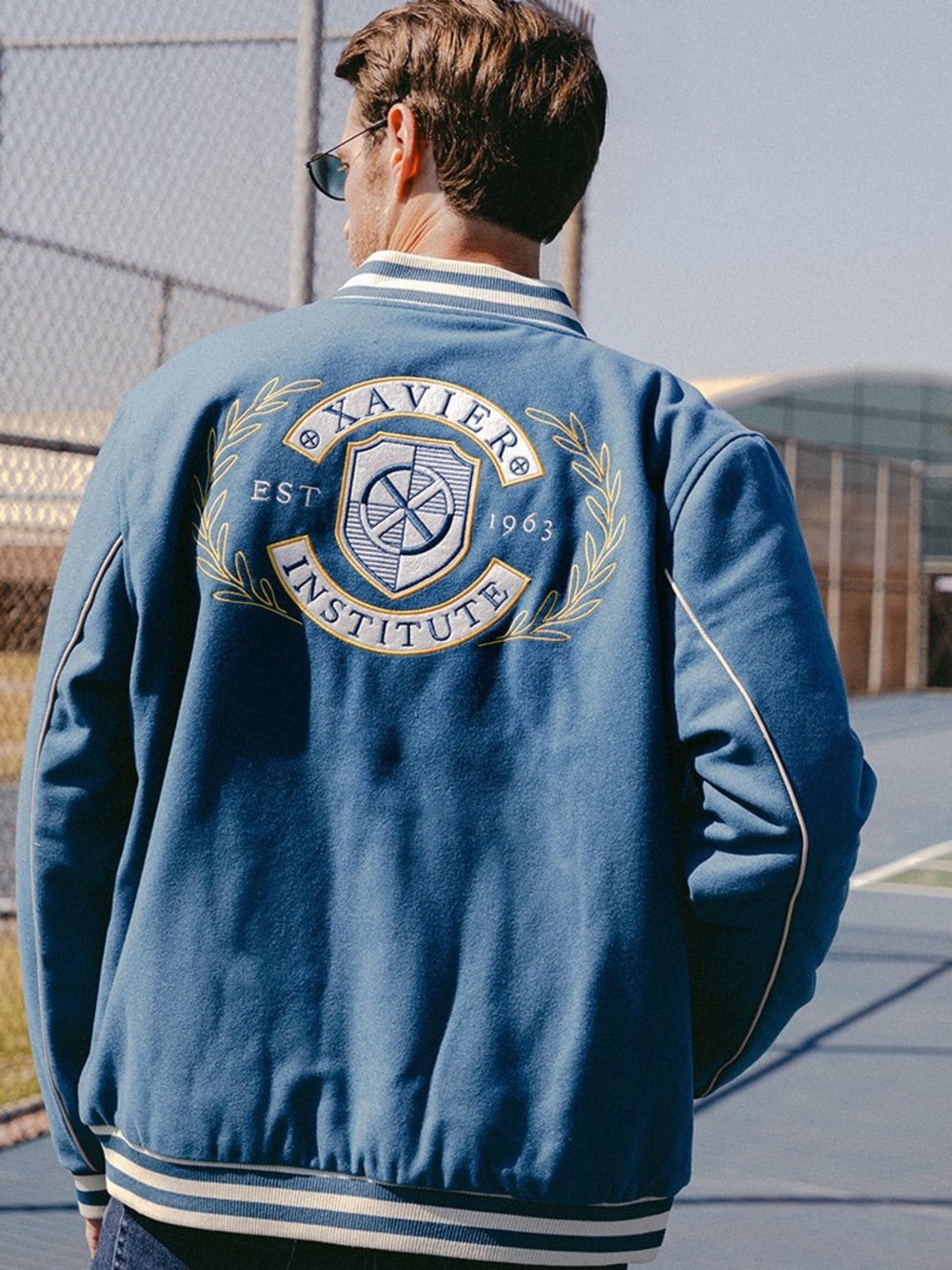 Marvel Blue Varsity Jacket with Gold Embroidered Crest
